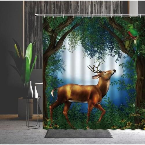 Forest Elk Printed Shower Curtain Jungle Wild Animal Home Decor Polyester Bathroom Partition Washable Fabric Bath Curtains Set