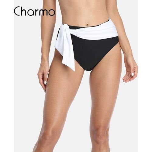 Charmo Women Swimming Briefs Bottom Belt Color Block High Waist Bikini Tankini Bottom
