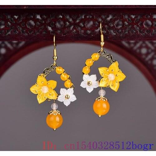 Yellow Jade Flower Earrings Women Chalcedony 925 Silver Natural Charm Gifts Zircon Gemstone Fashion Amulet Crystal Jewelry