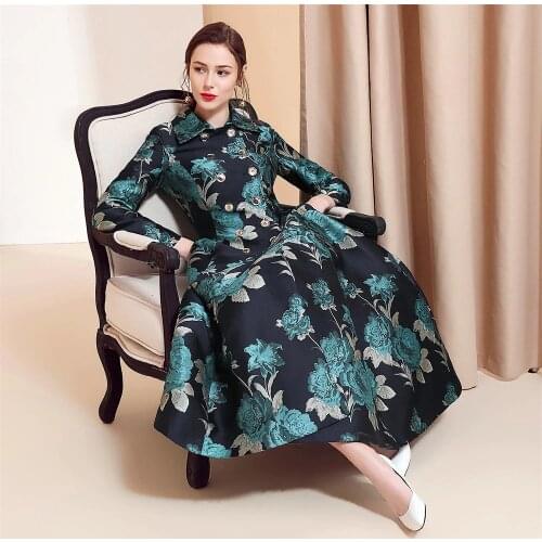 Women Double-breasted Trench Coat Autumn Flower Jacquard Vintage Swing Pendulum Trench Elegant Long Skirt Trenches Plus Size