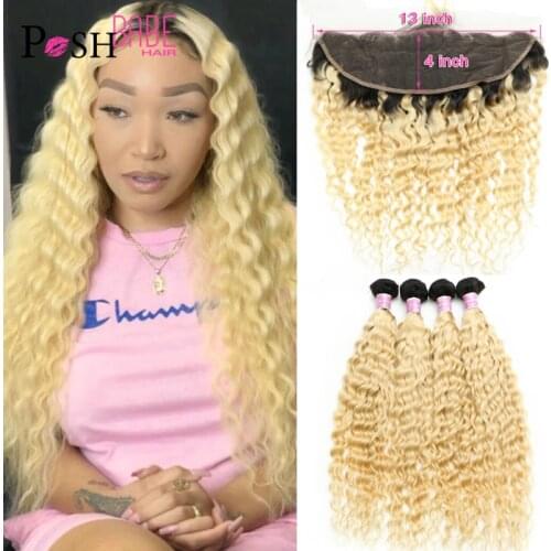 1B 613 13x4 Frontal with Brazilian Hair Weave Bundles 8 - 30 Inch Remy Ombre Blonde Human Hair 3 4 Bundles with Frontal Closure
