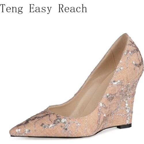 2021 Shoes Women Platform Wedges Fashion High Heel Shoes Basic Wedge Heels Pointed Toe Lady Shoes Sliver Pink Gold Size 34 43 45