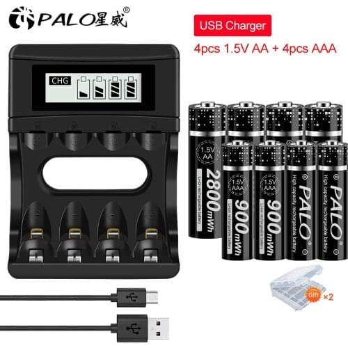 PALO 1.5V AA Li-ion Rechargeable Batteries+1.5v AAA Li-ion Rechargeable Batteries with LCD Smart 1.5V Lithium Battery Charger