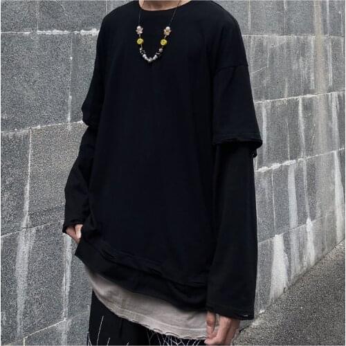 Tide brand hip-hop solid color wild long-sleeved T-shirt pure cotton bottoming shirt fake two pieces stitching loose round n