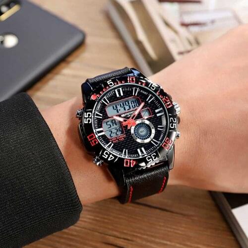 New Product Military Style Large Dial Mens Leather Casual Waterproof Fashion Watch Multi-Function Dual Display Wrist Watches