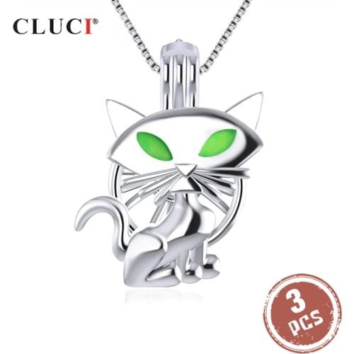 CLUCI 3pcs Halloween Night Green Eyes Cat Women Wish Pearl Locket 925 Sterling Silver Cage Pearl Pendant Jewelry SC316SB