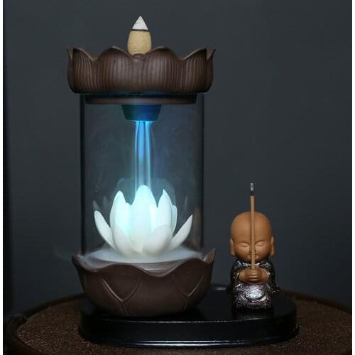 Color Changing LED Light Windproof Waterfall Incense Burner Zen Peaceful Monk Lotus Incense Stick Holder Lucky Home Decoration