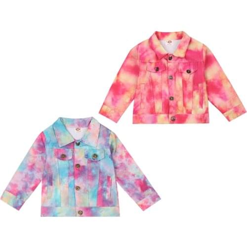 Kid Girl Coat, Spring Autumn Top, Lapel Neck Long-Sleeve Casual Colorful Tie Dye Printed Buttons Outwear Pocket Blouse 1-6Years