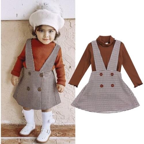 FOCUSNORM 1-6Y Autumn Fashion Kids Girls Clothes Sets 2pcs Long Sleeve Solid Turtleneck Knit Sweater Tops+Plaid Suspender Dress