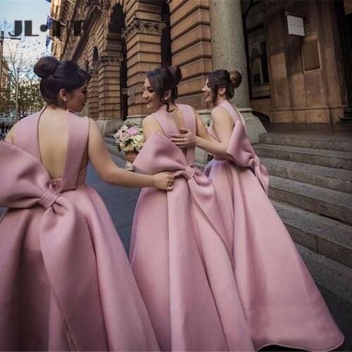 Beauty Pink In Stock Bridesmaids Dresses Long Bow Wedding Party Dress Maid of Honors Bridesmaids Dress Custom Made