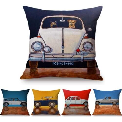 Cute Cartoon Art Oil Painting Dog Driving Car Home Decorative Sofa Cushion Cover Car Pillow Funny Vintage Almofadas Throw Pillow
