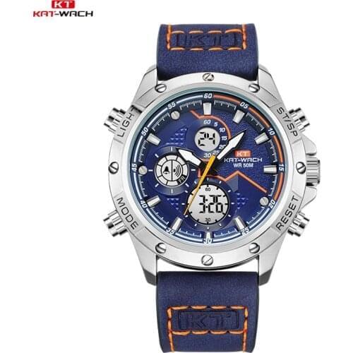 Kat-Wach Wristwatch Mens Top Brand Luxury Sports Watch Men Fashion Leather Watches Calendar Men Blue Male Clock Dual Watch