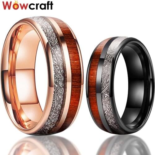 Rose Gold 8mm Wedding Bands Tungsten Carbide Rings for Men Women Domed Koa Wood Meteorite Inlay Polished Shiny Comfort Fit