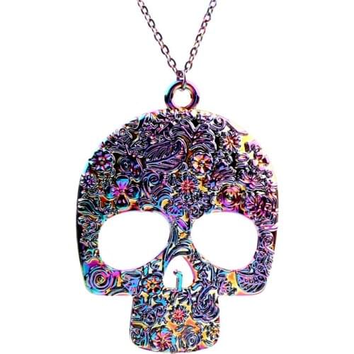 1pcs Rainbow Color Zinc Alloy Big skull Necklace women Female jewelry Collar free Stainless steel chain 20