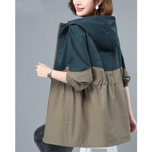 Spring Autumn Womens Cotton Trench Coat 2021 Fashion Color matching Hooded Windbreaker Casual Loose Mother Long Zipper Outwear