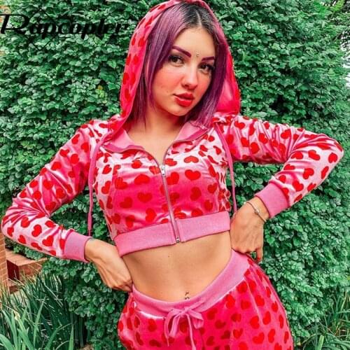 Rapcopter Heart Velvet Jackets y2k Aesthetic Crop Top Long Sleeve Hoodies Zipper Vintage Cute Outwear Women Autumn Winter Coats