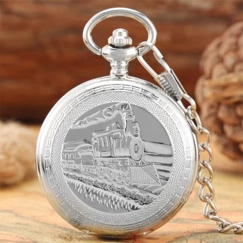 Silver Steampunk Train Pattern Mechanical Hand Winding Pocket Watch Roman Numerals Display Vintage FOB Chain Manual Pocket Clock