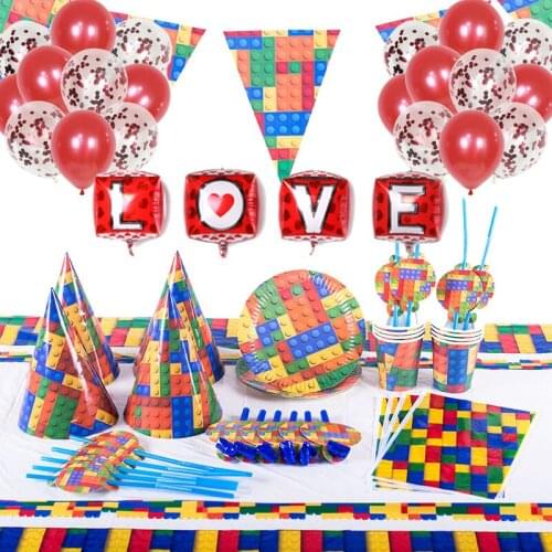 Building Blocks Party Decoration Latex Balloon Baby Shower Blowout Boys Gift Kid Faovr Party Supplies Disposable Banner Fork