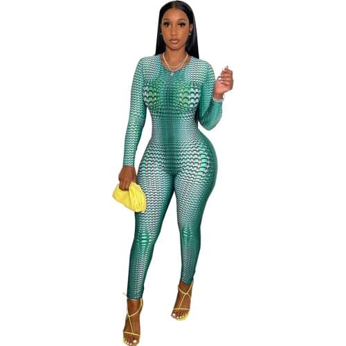 Back Zipper Sportwear Tracksuits Pencil Pants Long Sleeve One Piece Outfits OverallsGreen Dot Printed Skinny Jumpsuit