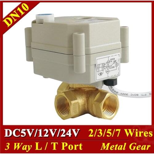 Tsai Fan DC5V 12V 24V Electric Valve 3 Way Brass DN10 3/8'' Horizontal T/L Port Motorized Ball Valve 2/3/5/7 Wires Metal Gear