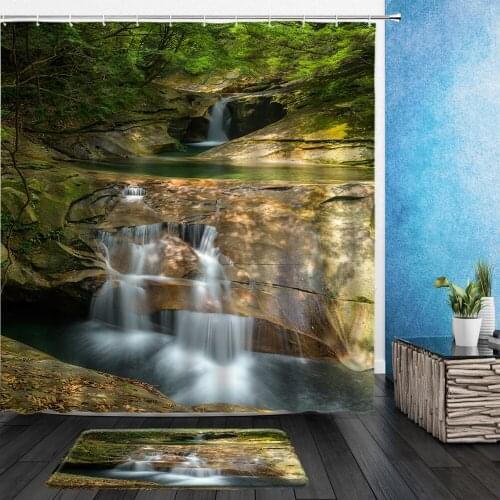 Waterfall Shower Curtains Outdoor Natural Scenery Forest Plants Trees Bathroom Decor Cloth Hanging Curtain With Flannel Carpet
