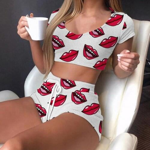 Women Home Fashion Brief Lip print sleepwear Elastic Waist Shorts Two-piece Tracksuit Sets sleepwear short top Pajama Tracksuit