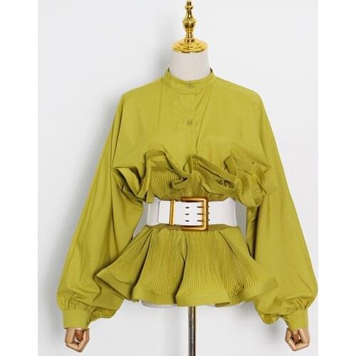 Personalized Retro Woman Shirt 2021 Summer Temperament Round Neck Long-sleeved Three-dimensional Pleated Ruffled Top with Belt