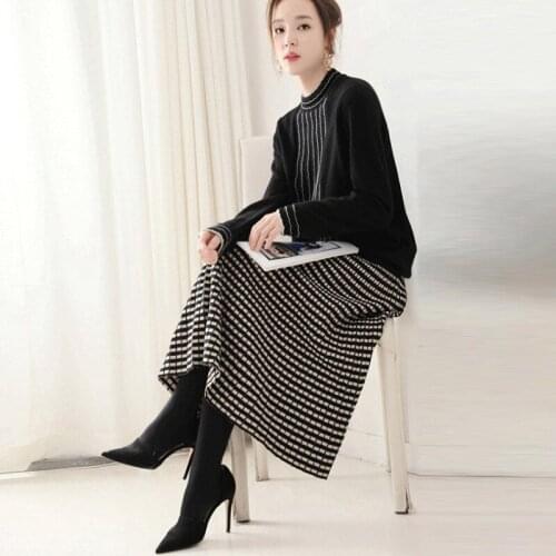 Womens suit temperament wood ear embellished elegant small half-high collar pullover sweater elastic waist knit dress two-piece