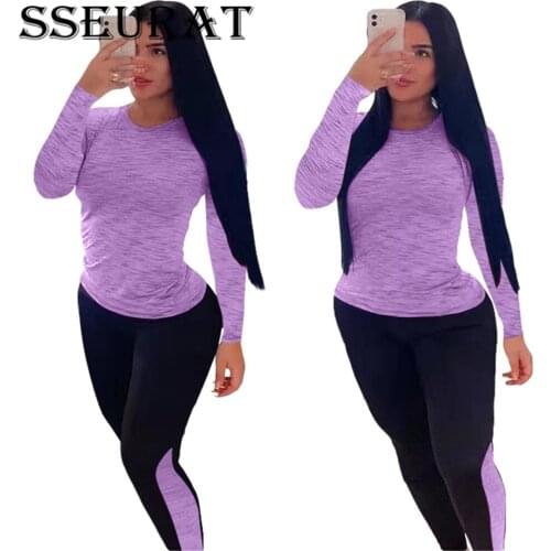 SSEURAT Women Tracksuit Patchwork Full Sleeve O-neck Slim Tops Skinny Pencil Pants Two Piece Sets Outfit Autumn