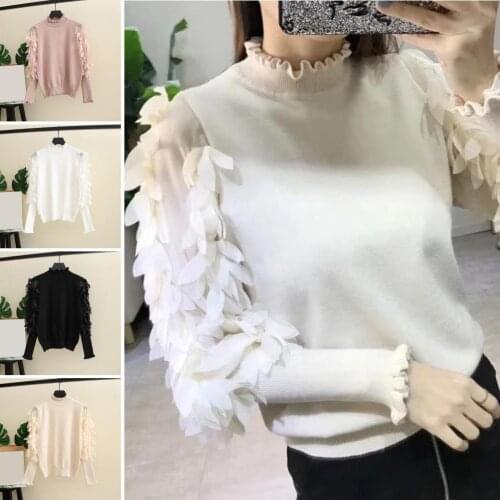 Women Solid Color Ruffled Mock Neck Long Petal Puff Sleeve Knit Pullover Sweater Top Streetwear Plus Size Women Clothes