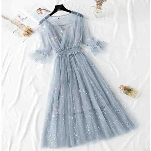 Two Piece Women Dress 2020 New Summer Sweet Short sleeve V-neck Mesh Dresses Elastic waist Ladies Long Party Dress Vestidos