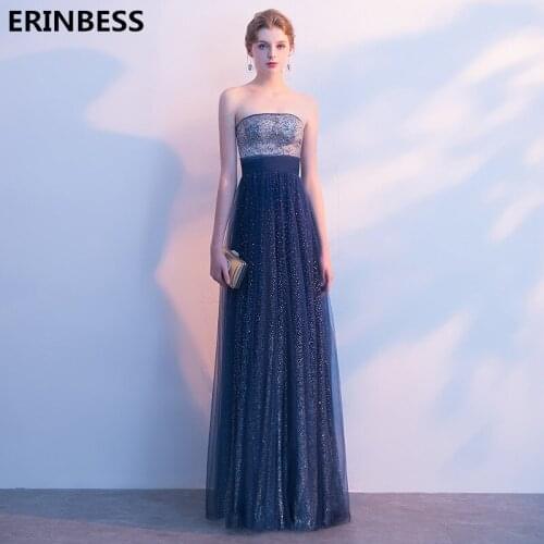 Vestido De Festa Evening Dresses Long Dress 2019 Strapless Navy Blue Tulle With Sequined Evening Dress Elegant Prom Party Gowns