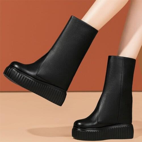 Winter Pumps Shoes Women Cow Leather Wedges High Heel Motorcycle Boots Female High Top Round Toe Fashion Sneakers Casual Shoes