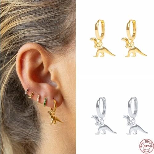 Aide 925 Sterling Silver Cute Dinosaur Pendant Gold Hoop Earrings For Women Animal Piercing Huggie Earrings Pendiente Jewelry
