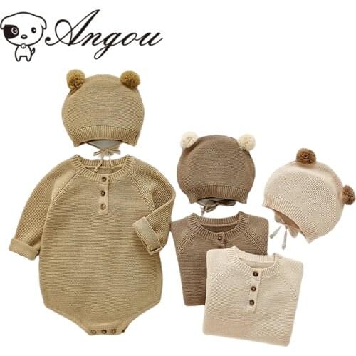 Angou Toddler Baby Boy Girl Suit Clothes Outfit Romper Pure Color+Hat 2pcs Set Knitted Long Sleeves Spring Autumn Child Clothing