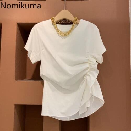 Nomikuma Graphic Tees Women Short Sleeve O-neck Tops Shirt Korean Drawstring Pleated Slim Tshirt 2020 Summer New T Shirts 6B259