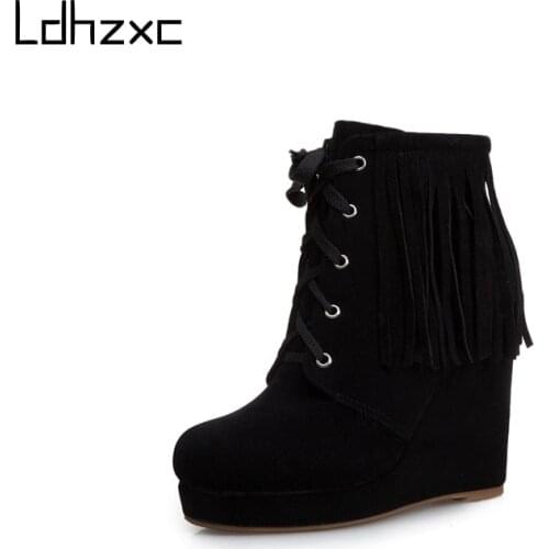 LDHZXC Pu Leather Wedges High Heel Booties Women Black Red Brown Autumn Platform Ankle Boots Zippers Punk High Quality Big Size