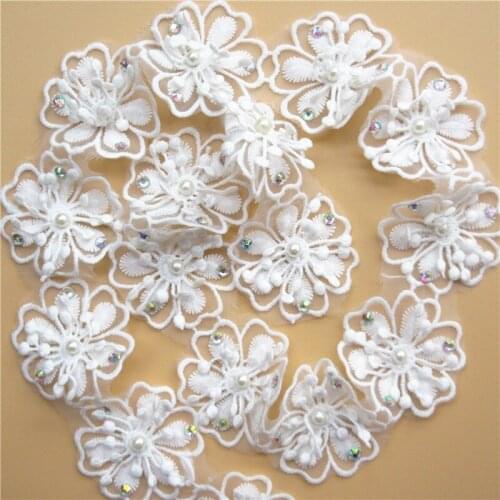 1 yard White Cotton Pearl Rhinestones Flower Embroidered Lace Trim Ribbon Fabric Handmade Sewing Supplies Craft Gift Decoration