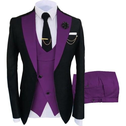 Custom Made Men Suits Black and Purple Groom Tuxedos Notch Lapel Groomsmen 3 Pieces Set ( Jacket + Pants + Vest + Tie) D357