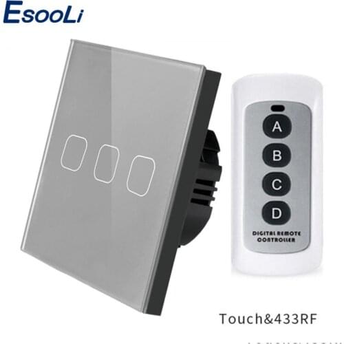 Esooli EU/UK home lighting 3 Gang RF433 Remote Control Wall Touch Switch,Smart Home Wireless Remote Control Light Switch
