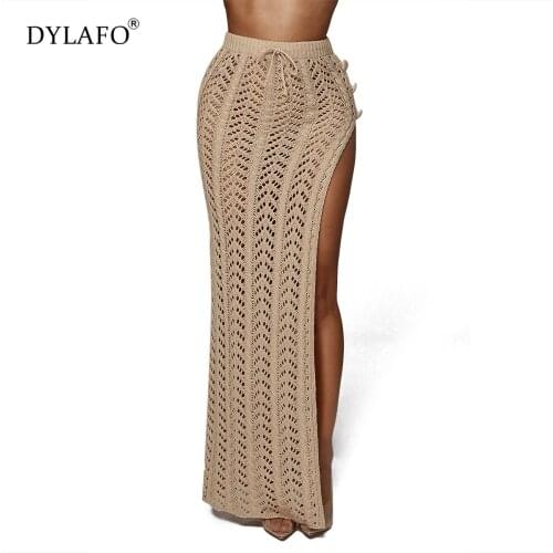 High Waist Knitted Side Split Sexy Skirts Womens Fashion Hollow Out Buttons Long Women Skirt 2021 Beach Casual Skirt