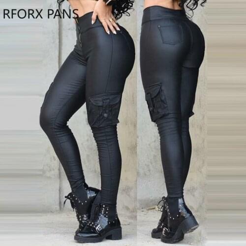 Women Casual High waist Zipper PU leather Pocket Skinny Pencil Pants