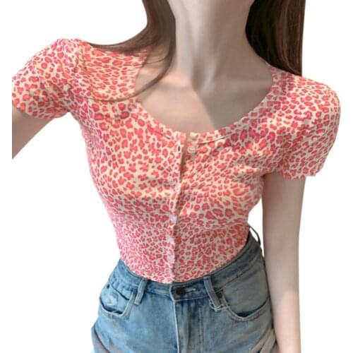 Womens High Waist Reveals Short Cardigan Tee Upper Summer Leopard Short-sleeved T-shirt
