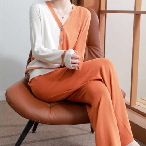 New Autumn Thin Ice Silk Womens Tracksuit Patchwork Contrast Color V-neck Single Breasted Cardigan + Wide Leg Pants 2 Piece Set