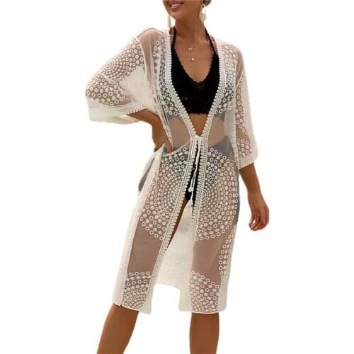 2021 Womens See-through Swimsuit Cover Ups Long Sleeve Open Front Sheer Lace Trim Crochet Dress Bikini Cover-ups Beach Wear