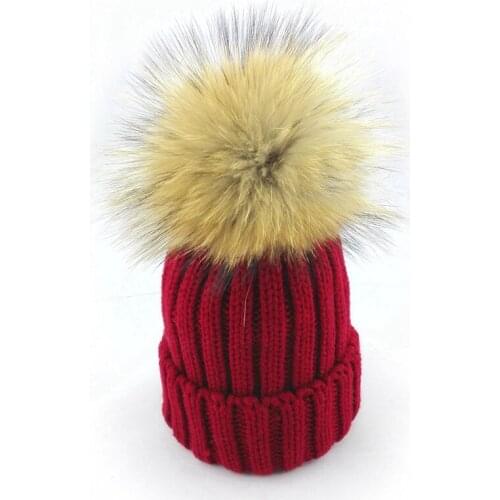 Bnaturalwell Boys girls Winter Raccoon Fur Hats Real Fur pompom Beanies Children Natural Fur Hat Kids Raccoon pompon hats H023D