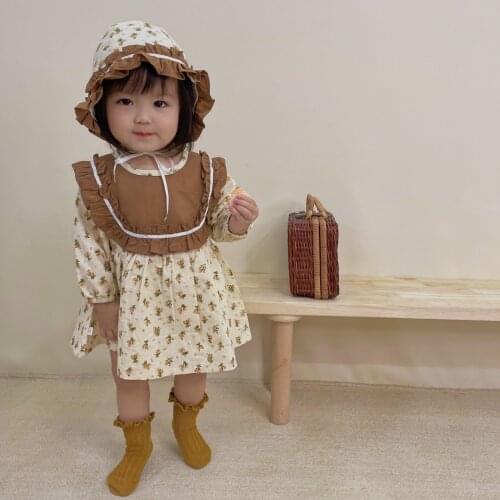 2021 Baby Girls Dress Spring Floral Korean Cute Hat+Dress 2pcs Outfit Set Cotton Princess Ruffles Ruffled Patch Infant Clothing