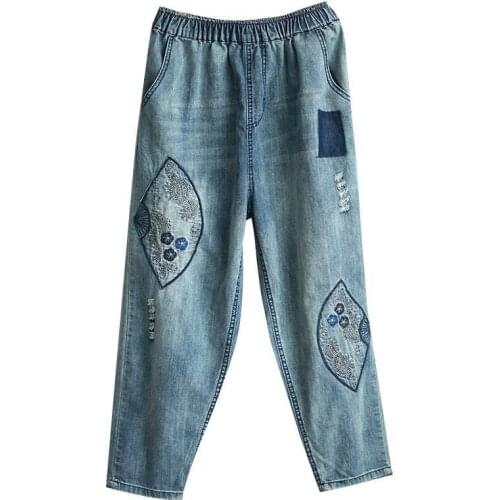 Denim Harem Pants Vintage Embroidery Loose Ripped Jeans High Qualityspring Summer Arts Style Women Elastic Waist Cotton