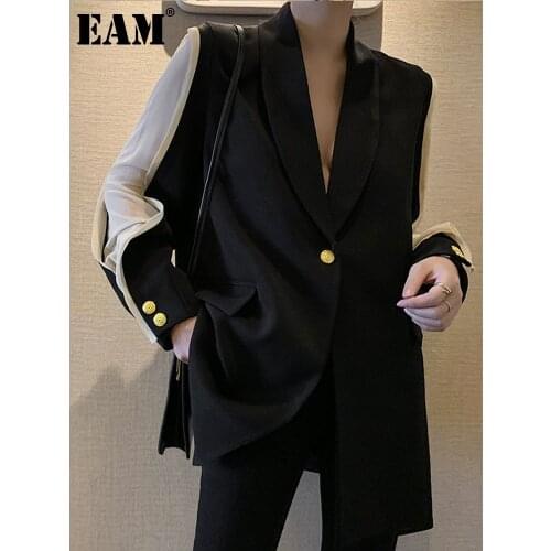 [EAM] 2021 New Spring Autumn Lapel Long Sleeve Hit Color Split Joint Loose Temperament Jacket Women Coat Fashion Tide JU298