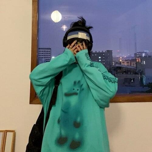 Womens 100% Cotton Long-sleeved T-shirt Female Monster Print Tie-dye Top Loose Casual Round Neck Wild Student Spring Primer2021